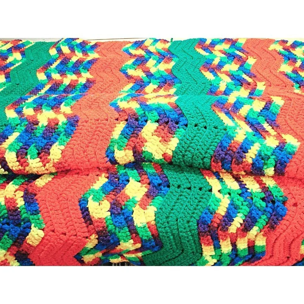 Vintage Handmade Rainbow Stripe Zig Zag Crochet Afghan Blanket Throw 76x46
